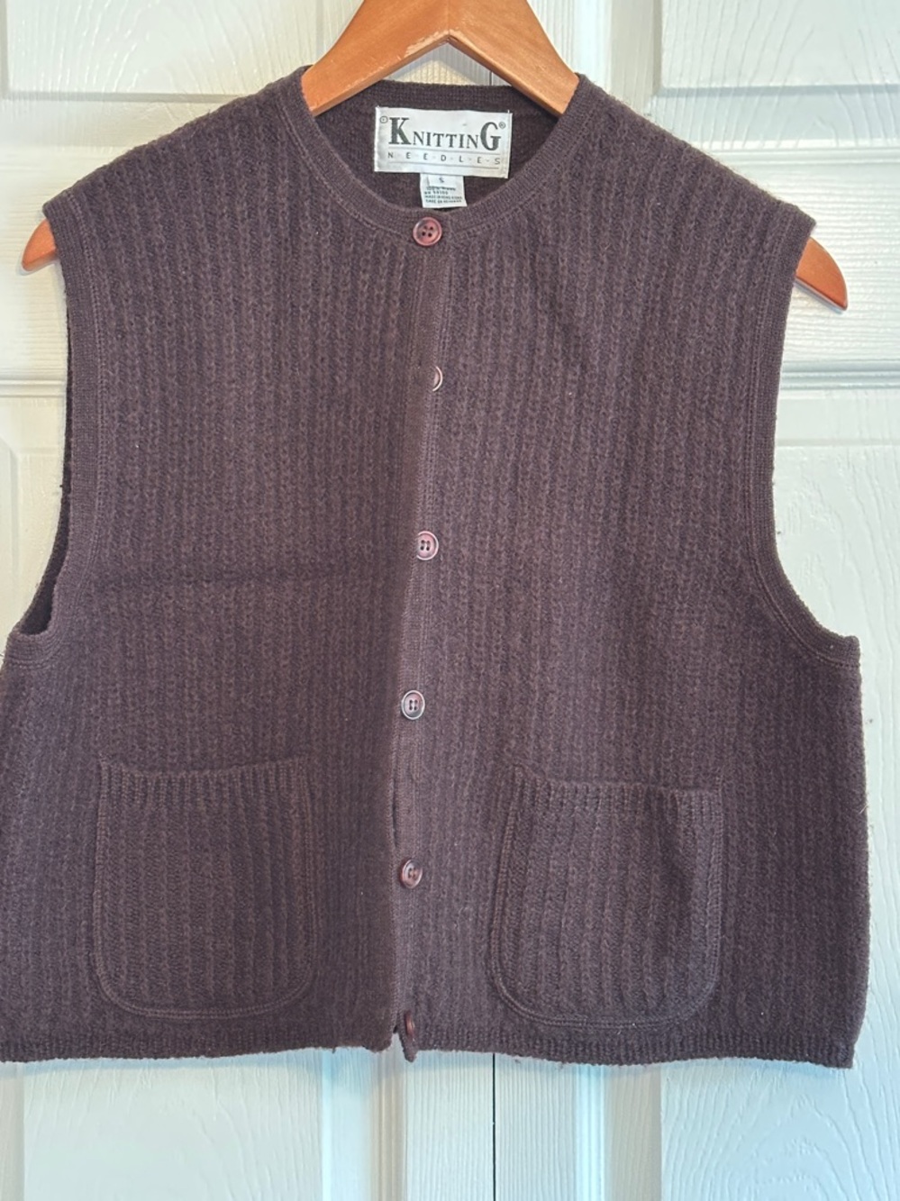 Knitting Needles Brown Button-Up Knit Vest 100% wool